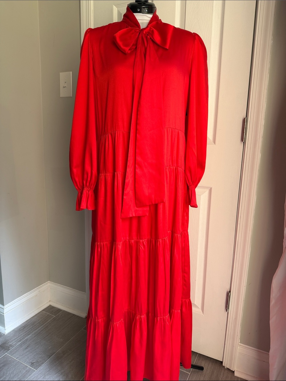 Zara Red Bow-Tie Tiered Maxi Dress Large - Picture 8 of 8